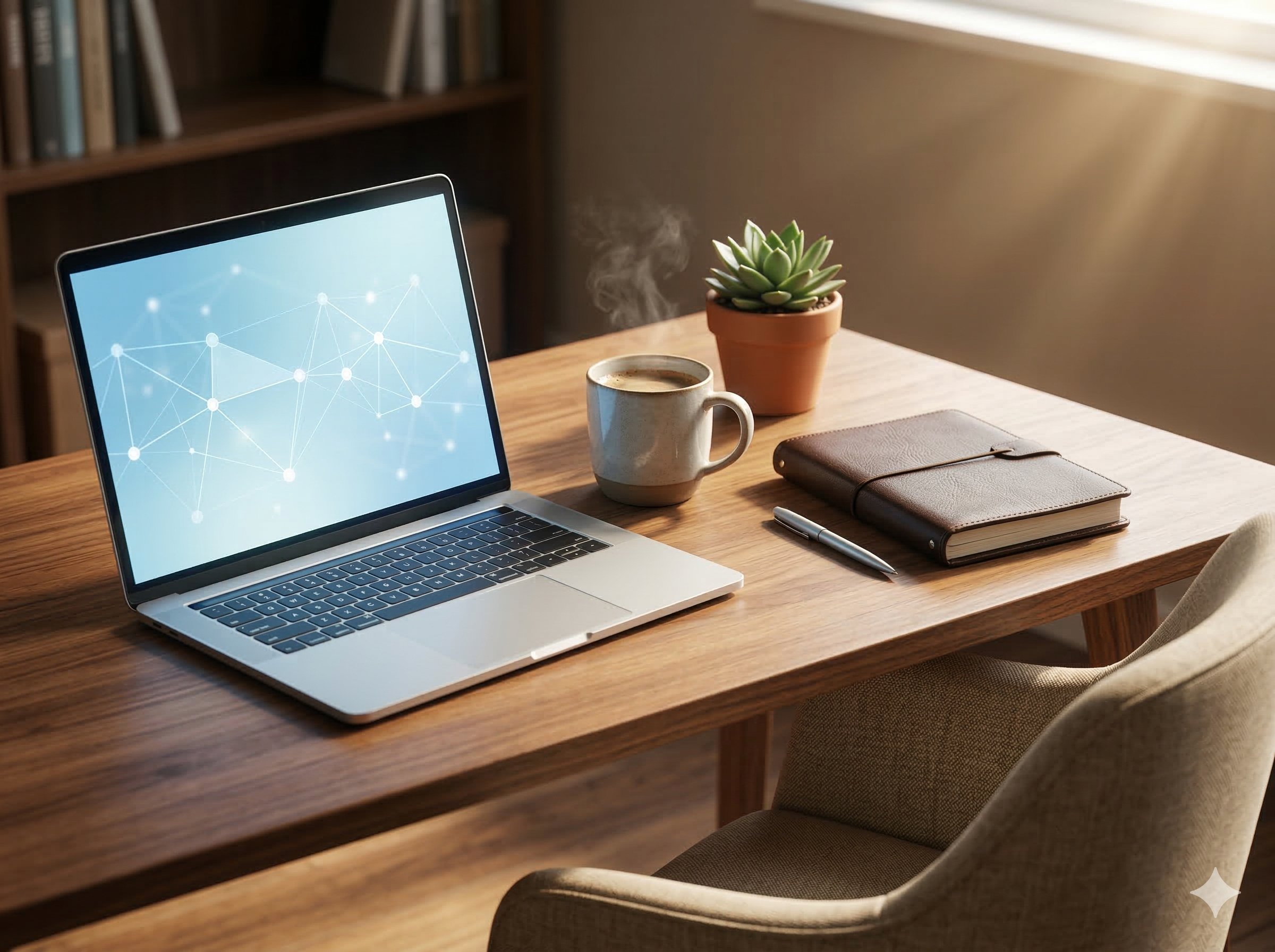A warm, welcoming desk setup with a laptop, coffee, and notebook representing accessible online counselling